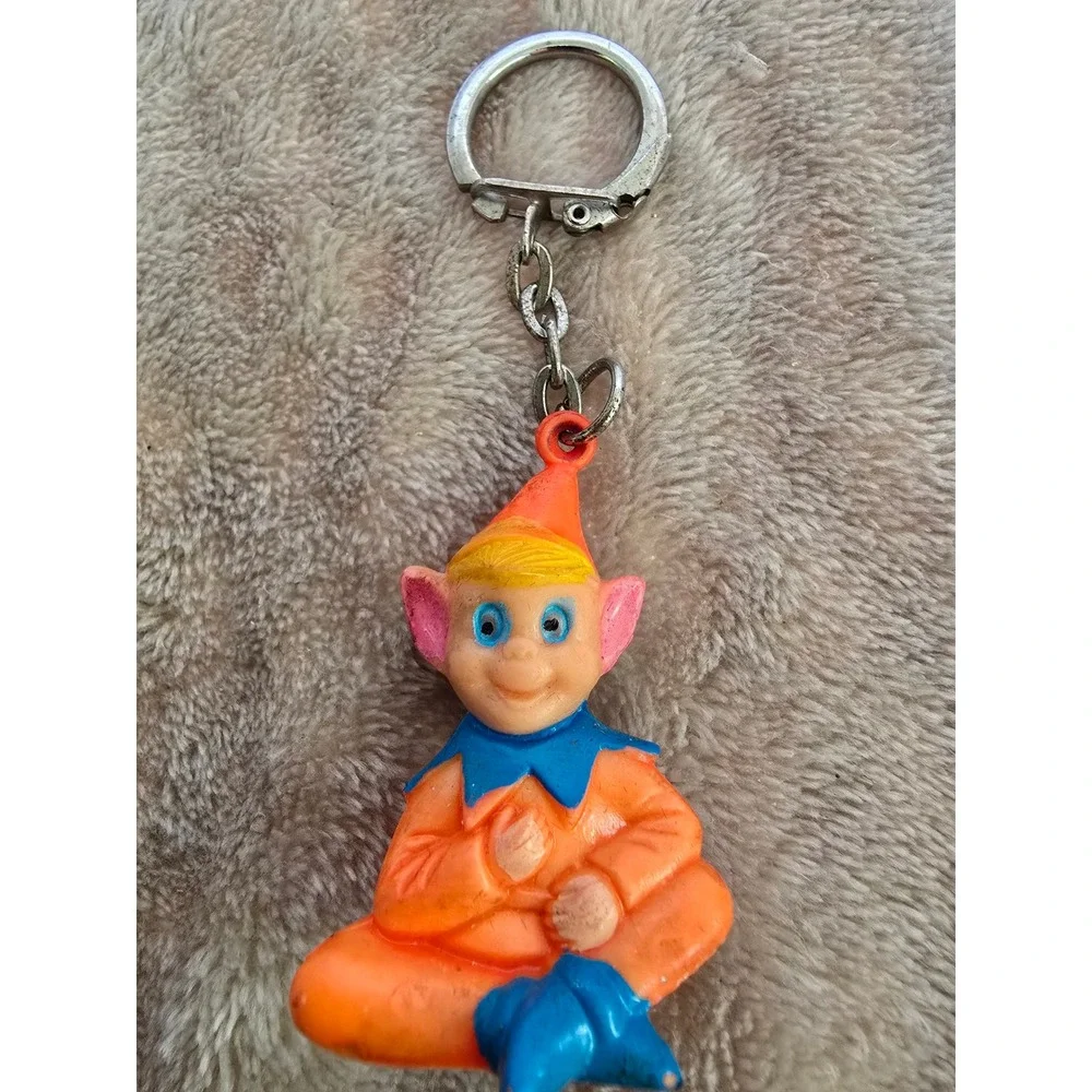 Vintage Rubber Elf Keychain Hong Kong Pixie Troll Figure Orange Blue Retro